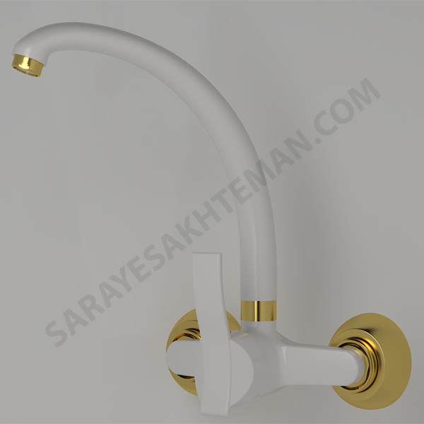 شیرالات شیر ظرفشویی سینک دیواری مخلوط علم متحرک ریخته گری مدل یاسمن برند ابرش شیری سفید طلایی براق